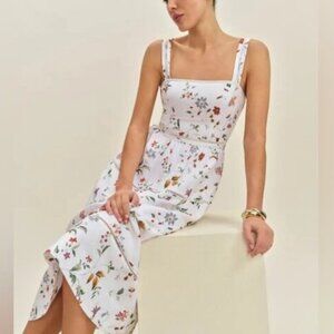 NEW Reformation Everett Linen Midi Dress Corsini White Multi Floral | US 2 UK 6